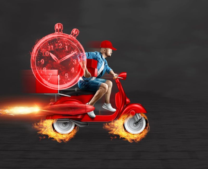 Fast food delivery man on a green scooter. Delivery concept, online order, food delivery, last mile, banner, template. 3D illustration, 3D render